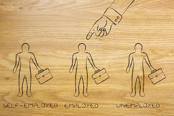 Ujjával mutatva foglalkoztatott férfiak között önálló & munkanélküli — Stock Fotó