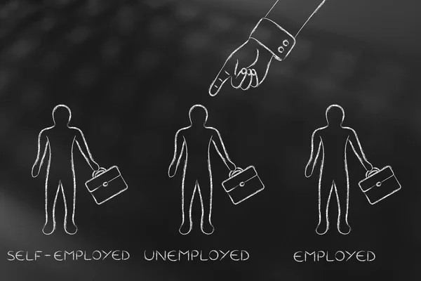 手指指着失业男子之间自营职业与就业 — 图库照片