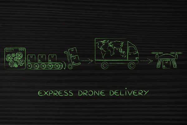 Consegna drone di un pacco dal magazzino — Foto Stock