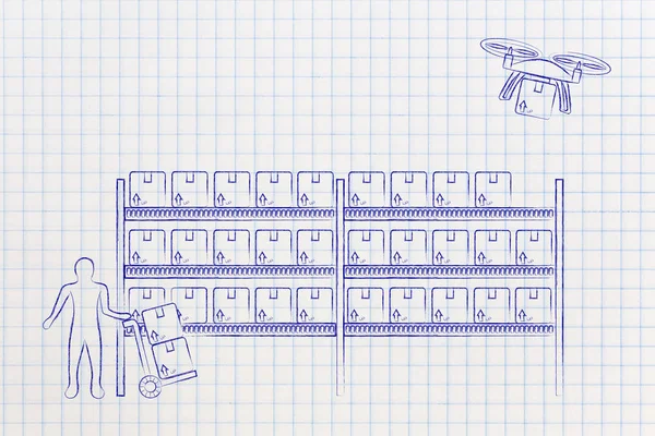 Livraison par drone de colis de commande en ligne, version entrepôt — Photo
