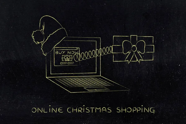 Online shopping or sending wishes, christmas present out of lapt — Stock Photo, Image