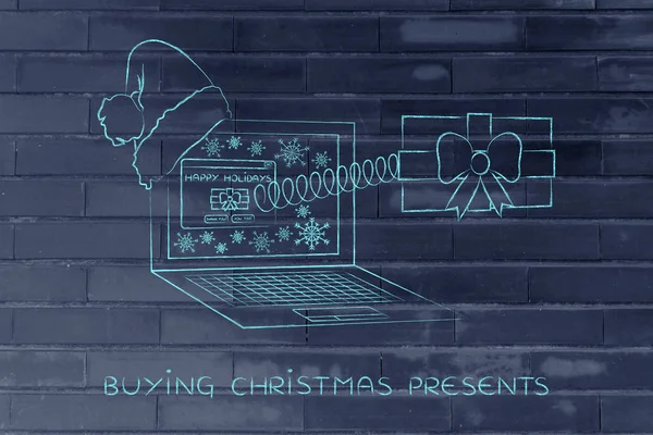 Zakupy online lub wysyłając życzenia, świąteczny prezent spośród lapt — Zdjęcie stockowe