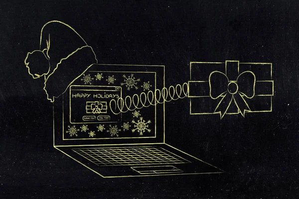 Online einkaufen oder Wünsche senden, Weihnachtsgeschenk aus dem Ärmel schütteln — Stockfoto
