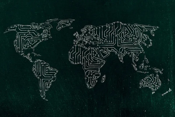 Mapa del mundo hecho de circuitos de microchips electrónicos —  Fotos de Stock