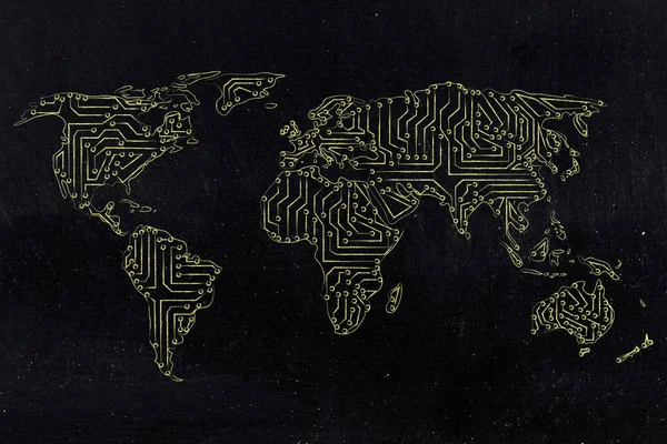 Mapa del mundo hecho de circuitos de microchips electrónicos —  Fotos de Stock