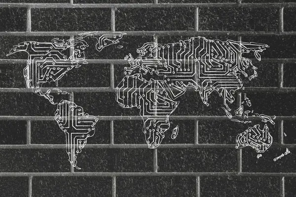 Mapa del mundo hecho de circuitos de microchips electrónicos —  Fotos de Stock