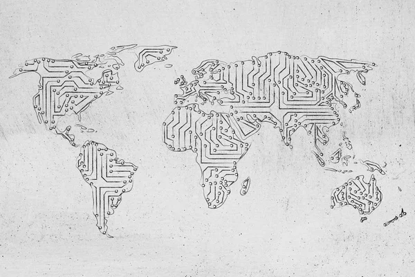 Kaart van de wereld gemaakt van elektronische microchip circuits — Stockfoto