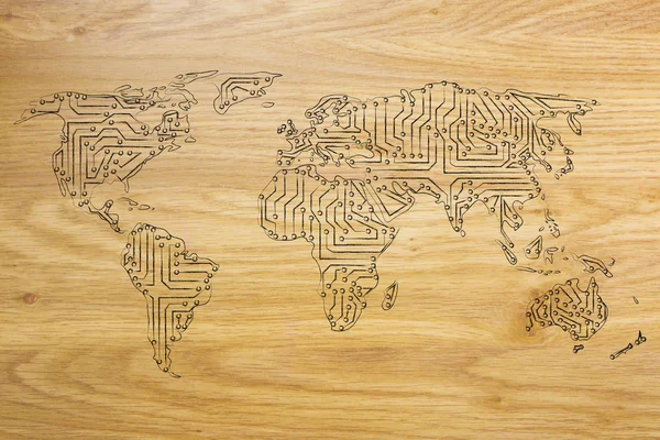 Karta över världen gjort av elektroniskt mikrochip kretsar — Stockfoto