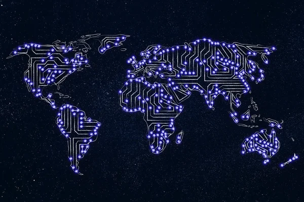 Mapa do mundo feito de circuitos eletrônicos de microchip (luzes led vers — Fotografia de Stock