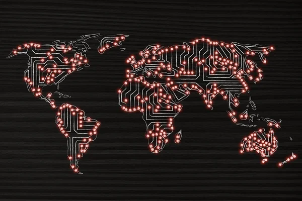 Mapa do mundo feito de circuitos eletrônicos de microchip (luzes led vers — Fotografia de Stock