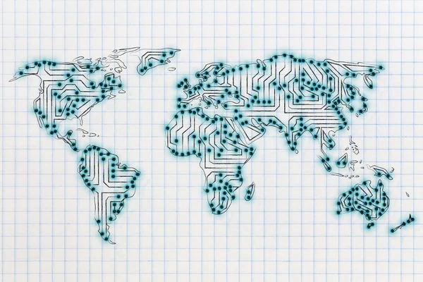 Mapa do mundo feito de circuitos eletrônicos de microchip (luzes led vers — Fotografia de Stock