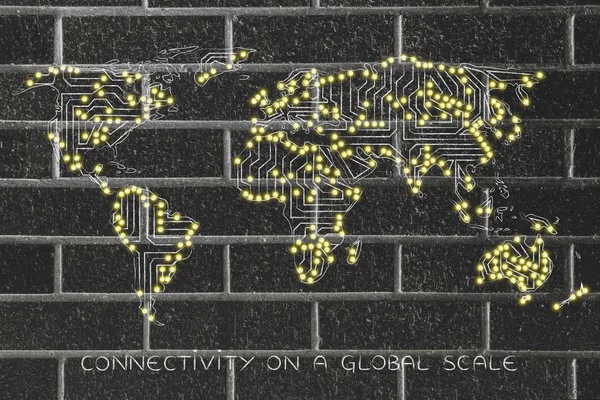 Mapa do mundo feito de circuitos eletrônicos de microchip (luzes led vers — Fotografia de Stock