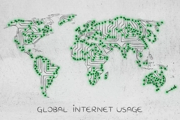 Mapa do mundo feito de circuitos eletrônicos de microchip (luzes led vers — Fotografia de Stock