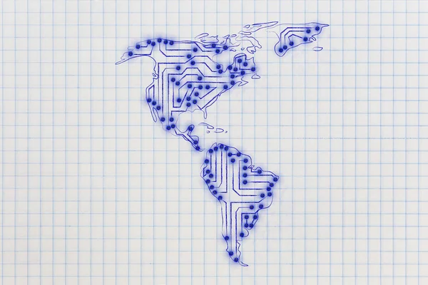 Mapa con América del Norte y del Sur hecho de microchip electrónico ci —  Fotos de Stock