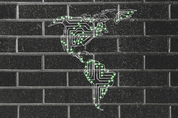 Karte mit Nord- und Südamerika aus elektronischem Mikrochip — Stockfoto