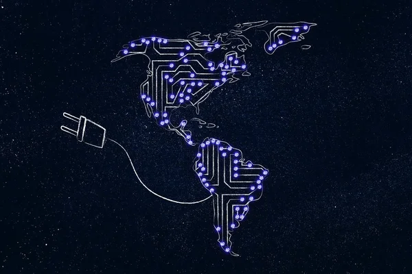 Norte & américa do sul feita de circuitos eletrônicos de microchip com — Fotografia de Stock