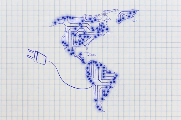 Norte y sur de América hecha de circuitos de microchips electrónicos con —  Fotos de Stock