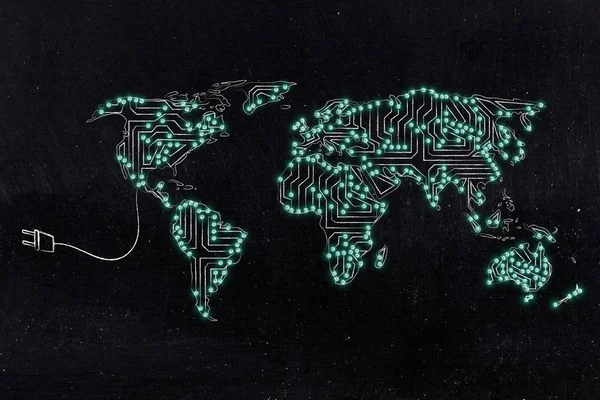 Mapa do mundo feito de circuitos eletrônicos de microchips — Fotografia de Stock