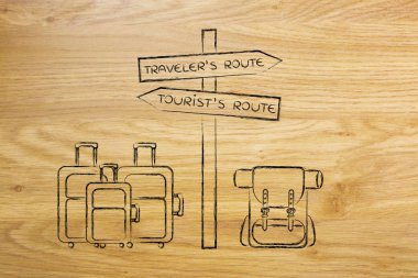 Gezgin veya turist: yol işaret ve çantaları ile crosspath