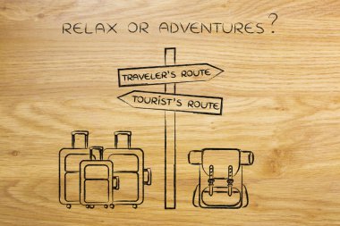 Gezgin veya turist: yol işaret ve çantaları ile crosspath