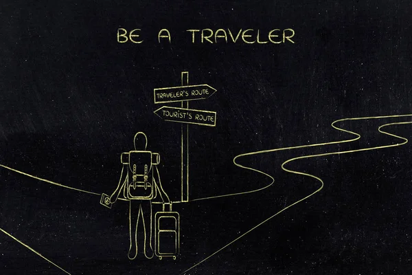 Viajante ou turista: pessoa com mochila e saco em crosspath — Fotografia de Stock