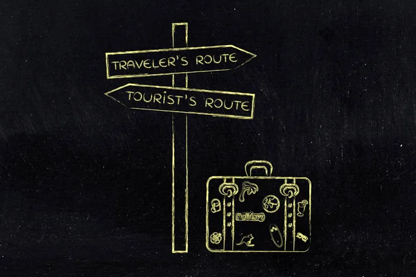 Resenären eller turist rutt: crosspath med vägmärke och väska — Stockfoto
