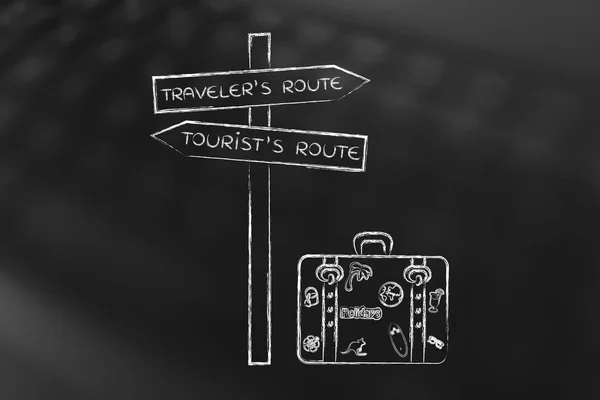 Resenären eller turist rutt: crosspath med vägmärke och väska — Stockfoto