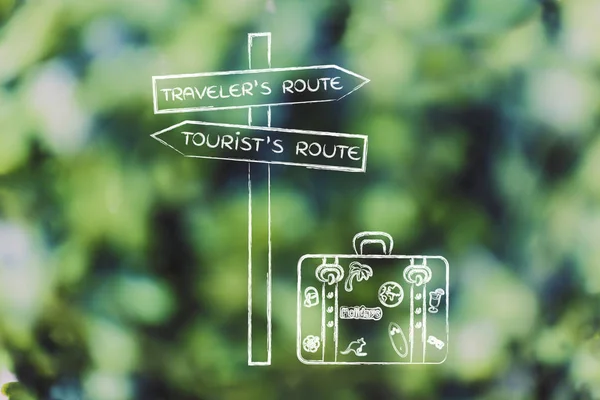 Utazó vagy turista útvonal: crosspath út jel és táska — Stock Fotó