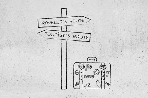 Itinéraire du voyageur ou du touriste : crosspath avec panneau routier et sac — Photo