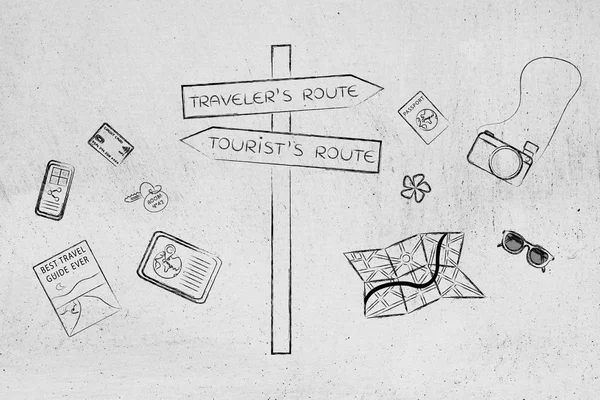 Rota do viajante ou do turista: sinal da estrada do crosspath e objetivo misto — Fotografia de Stock