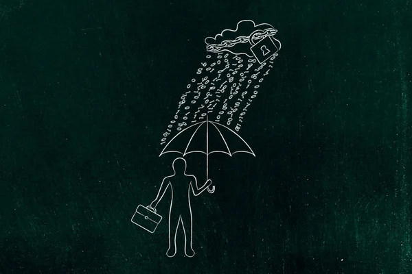 Hombre con paraguas bajo lluvia de código binario, protección contra violación de datos —  Fotos de Stock