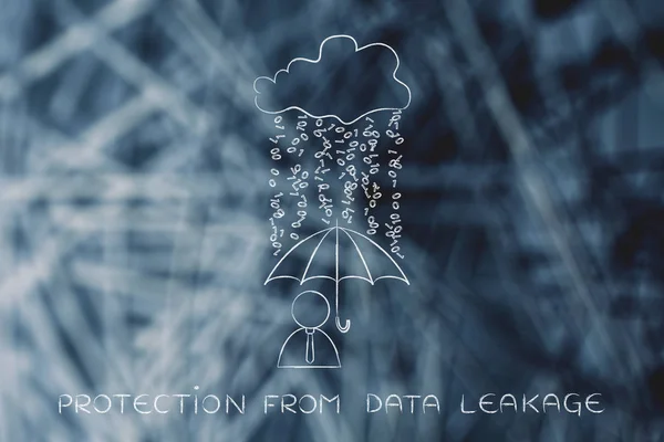 Usuário com guarda-chuva sob código binário chuva, proteção contra violação de dados — Fotografia de Stock