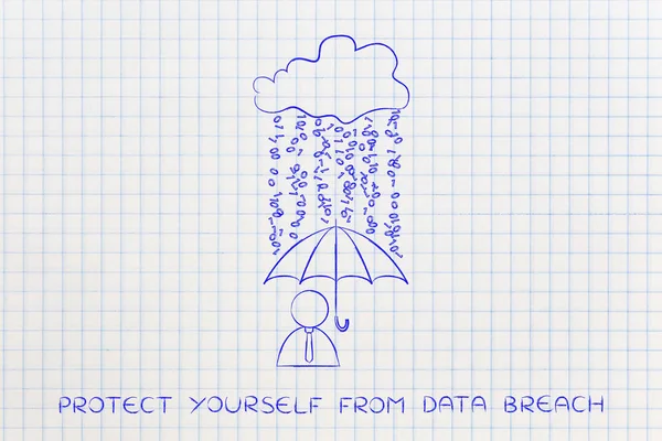 Användare med paraply i binär kod regn, data bryter mot skyddas — Stockfoto
