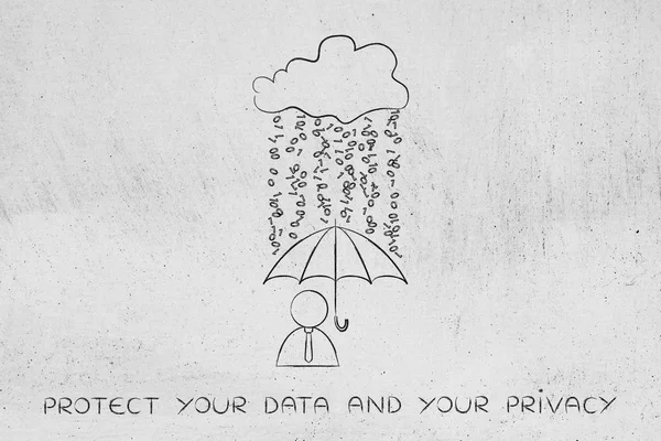 user with umbrella under binary code rain, data breach protectio