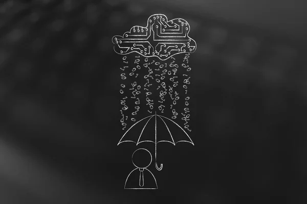 Usuario con paraguas bajo lluvia de código binario, protección contra violación de datos — Foto de Stock