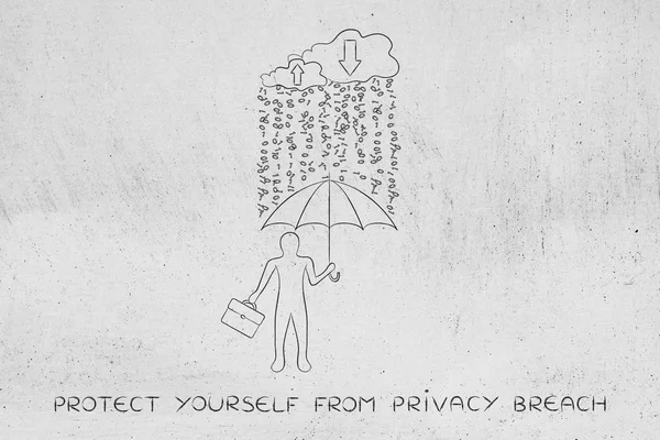 Man with umbrella under binary code rain, data breach protection — Stock Photo, Image