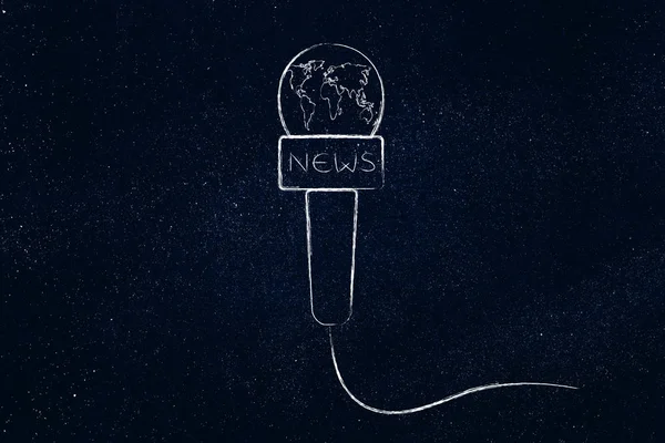 Microfono con mappa del mondo, copertura delle notizie e concetto di titoli — Foto Stock