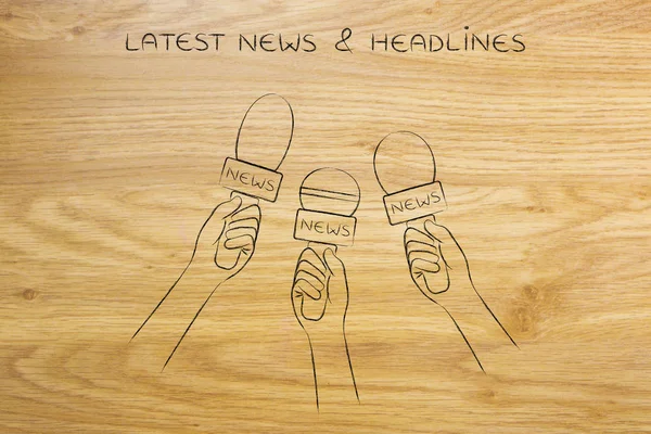Reporters microphones, news coverage & headlines concept — Stock Photo, Image