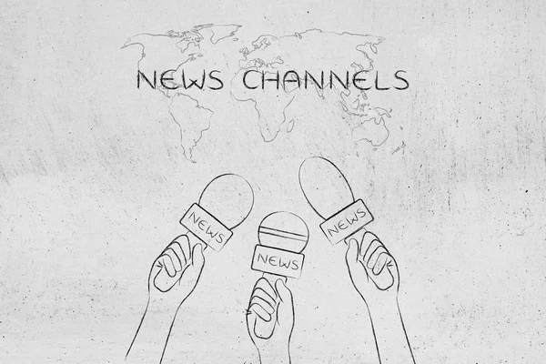 Reporters microphones on world map, news coverage & headlines co — Stock Photo, Image