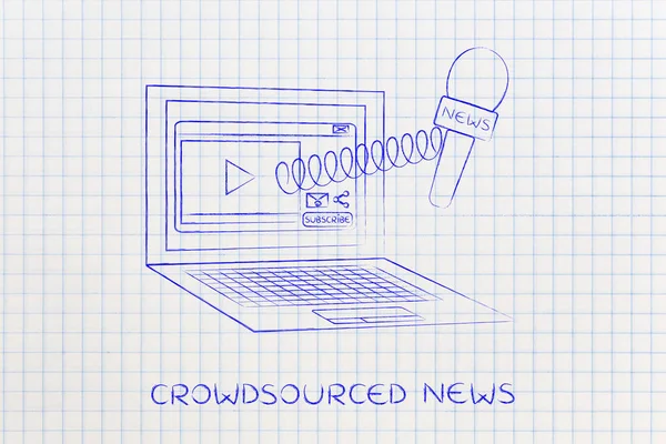 Microfono fuori dallo schermo del computer portatile su una primavera, notizie crowdsourced — Foto Stock