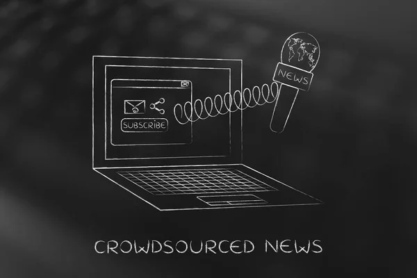 Microphone out of laptop screen with sharing icons, crowdsourced — Stock Photo, Image