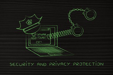 Polis şapkası ve kelepçeleri, casus yazılım bulundu iletisi ile dizüstü bilgisayar