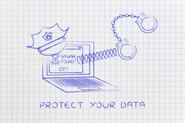 Polis şapkası ve kelepçeleri, casus yazılım bulundu iletisi ile dizüstü bilgisayar