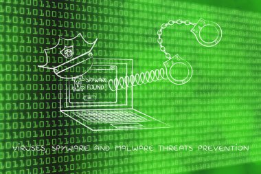 Polis şapkası ve kelepçeleri, casus yazılım bulundu iletisi ile dizüstü bilgisayar