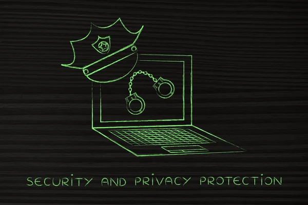Computer portatile con cappello e manette della polizia, contro la pirateria o cyber cri — Foto Stock