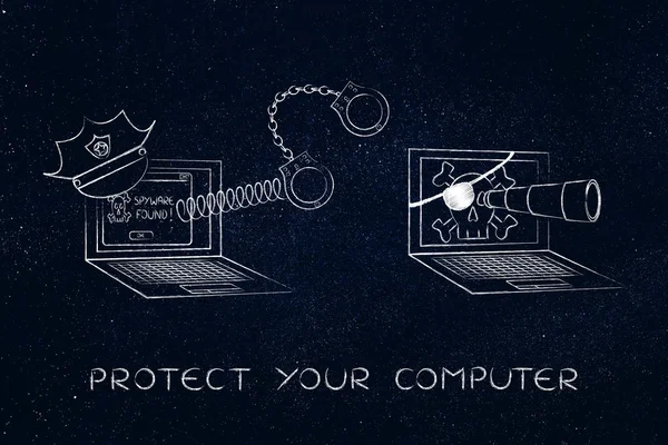 Laptop med polisen hatt & handfängsel pirat vs dator — Stockfoto