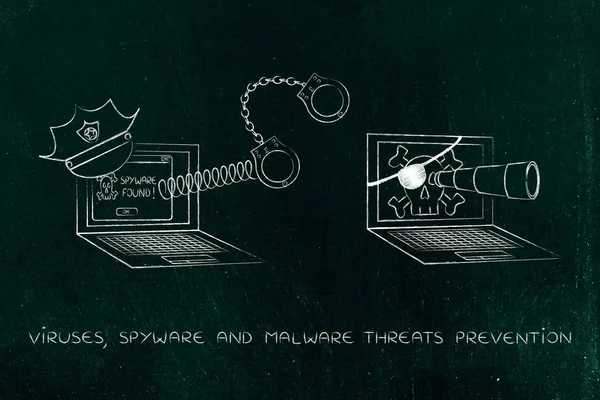 Laptop mit Polizeimütze & Handschellen gegen Piratencomputer — Stockfoto