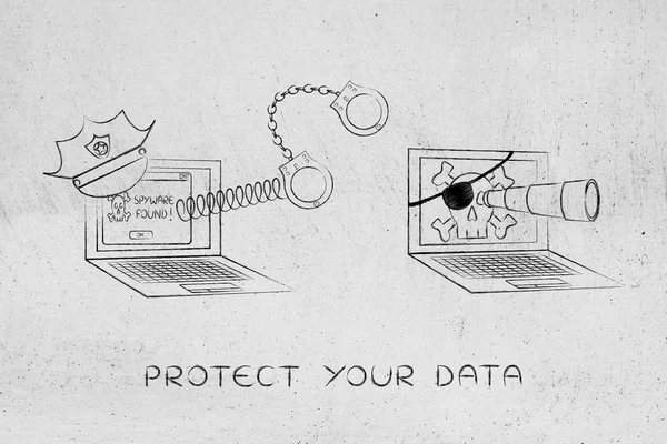 Notebook s policejní čepice & pouta vs pirát počítač — Stock fotografie
