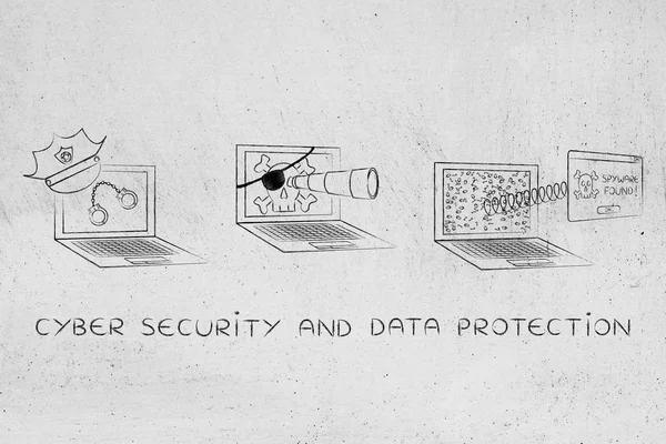 Laptop con cappello e manette della polizia vs computer spyware pirata — Foto Stock