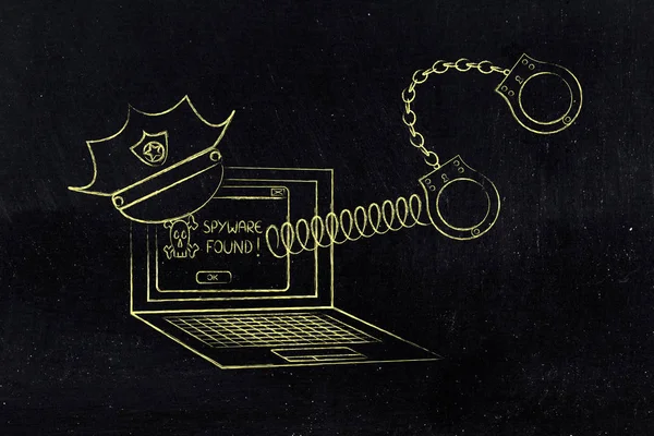Laptop z policji kapelusz i kajdanki, spyware znaleźć wiadomość — Zdjęcie stockowe